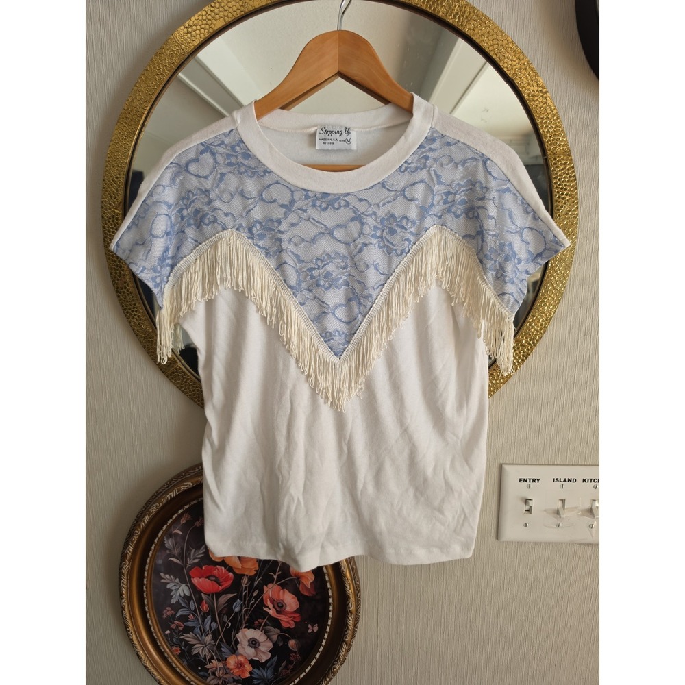 Vintage western blue and white lace fringe Top stepping up brand made in USA med